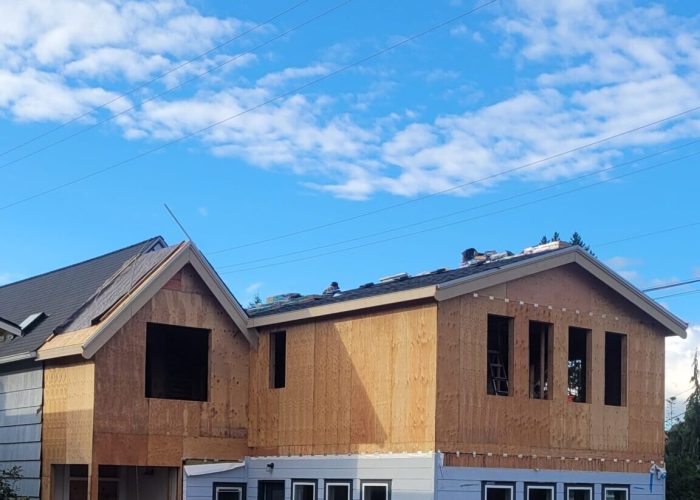 Rear view of new second floor with framing and roof finished.
