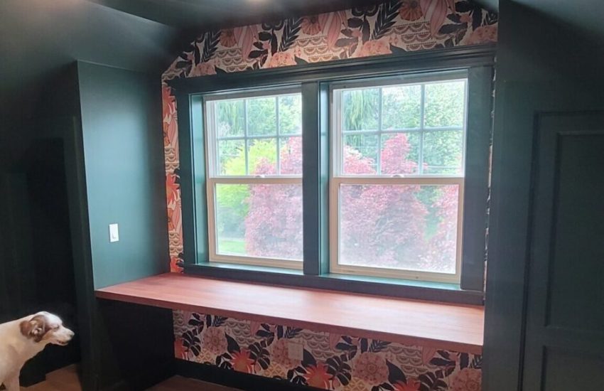 Finished recessed window in an attic addition.