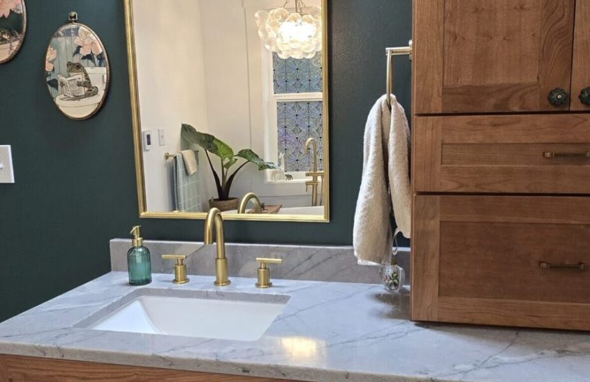 Bathroom addition in Snohomish with quartz countertops and new vanity.