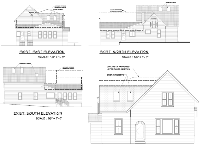 Architect drawings side view of home with new addition.