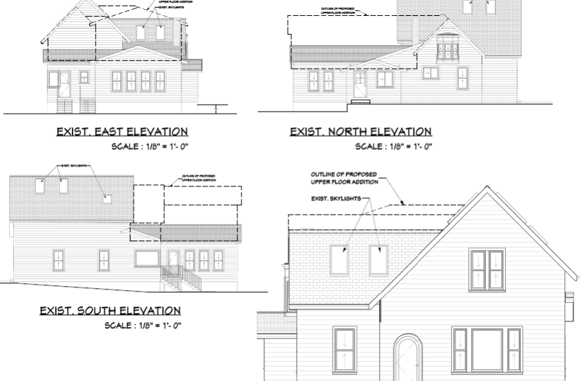 Architect drawings side view of home with new addition.