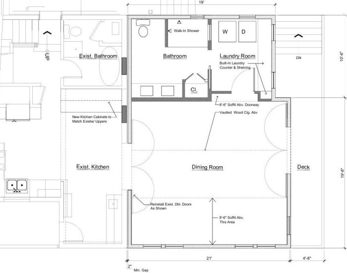 floor plan of a first floor addition including bathroom, laundry room and living room.