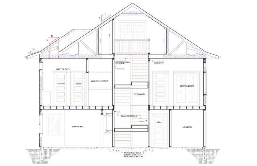 Cross section view of architect plans of an attic addition.